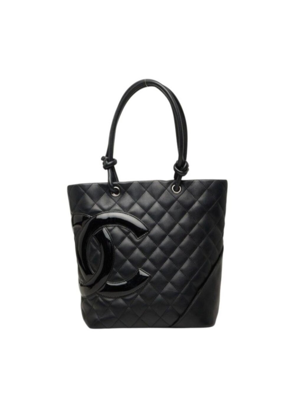 Chanel Cambon Line Quilted CC Logo Tote Bag Black Patent Calf Leather